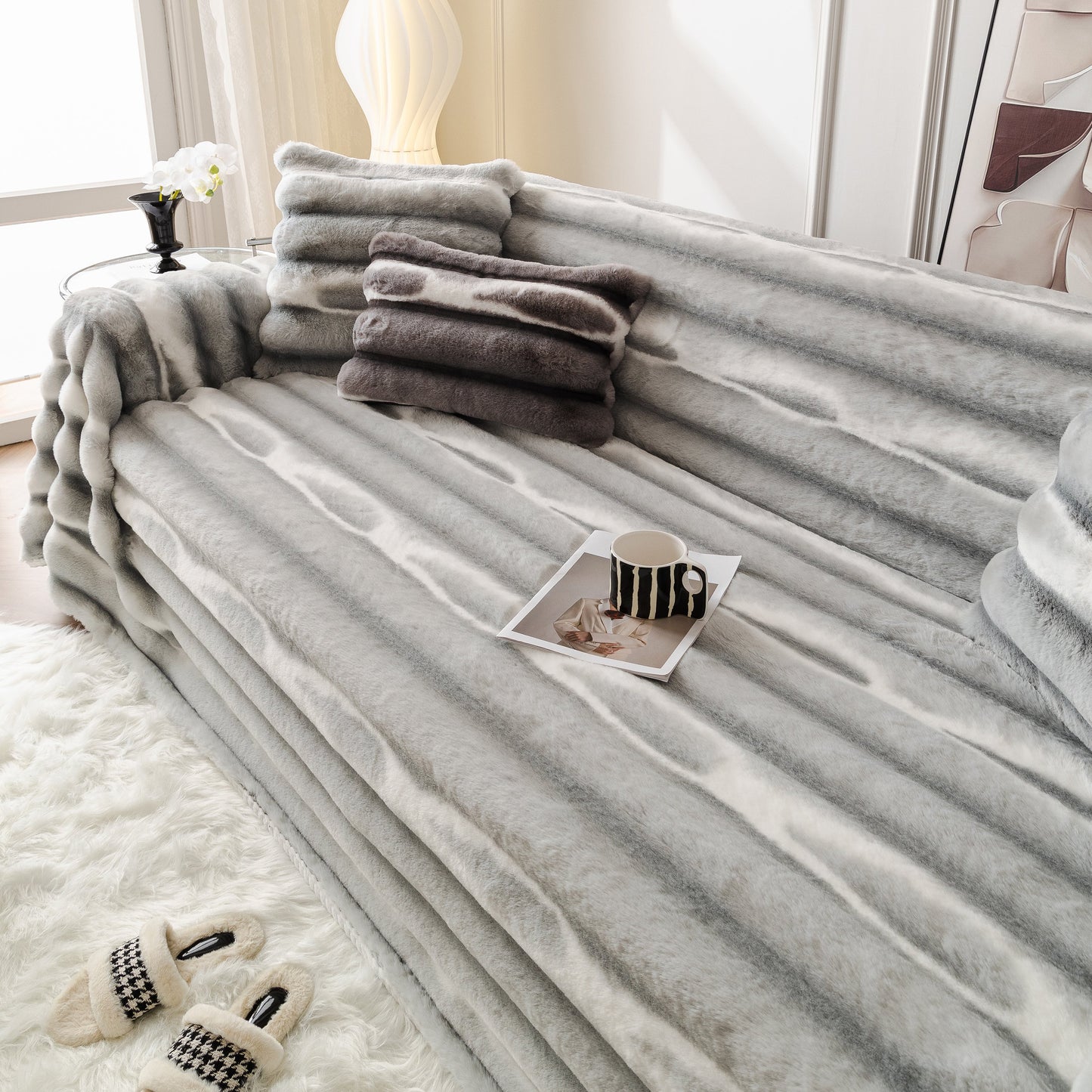 Ultra Soft Faux Fur Couch Cover – Large, Fluffy, and Elegant Sofa Throw Blanket on a sofa in a stylish living room setting.