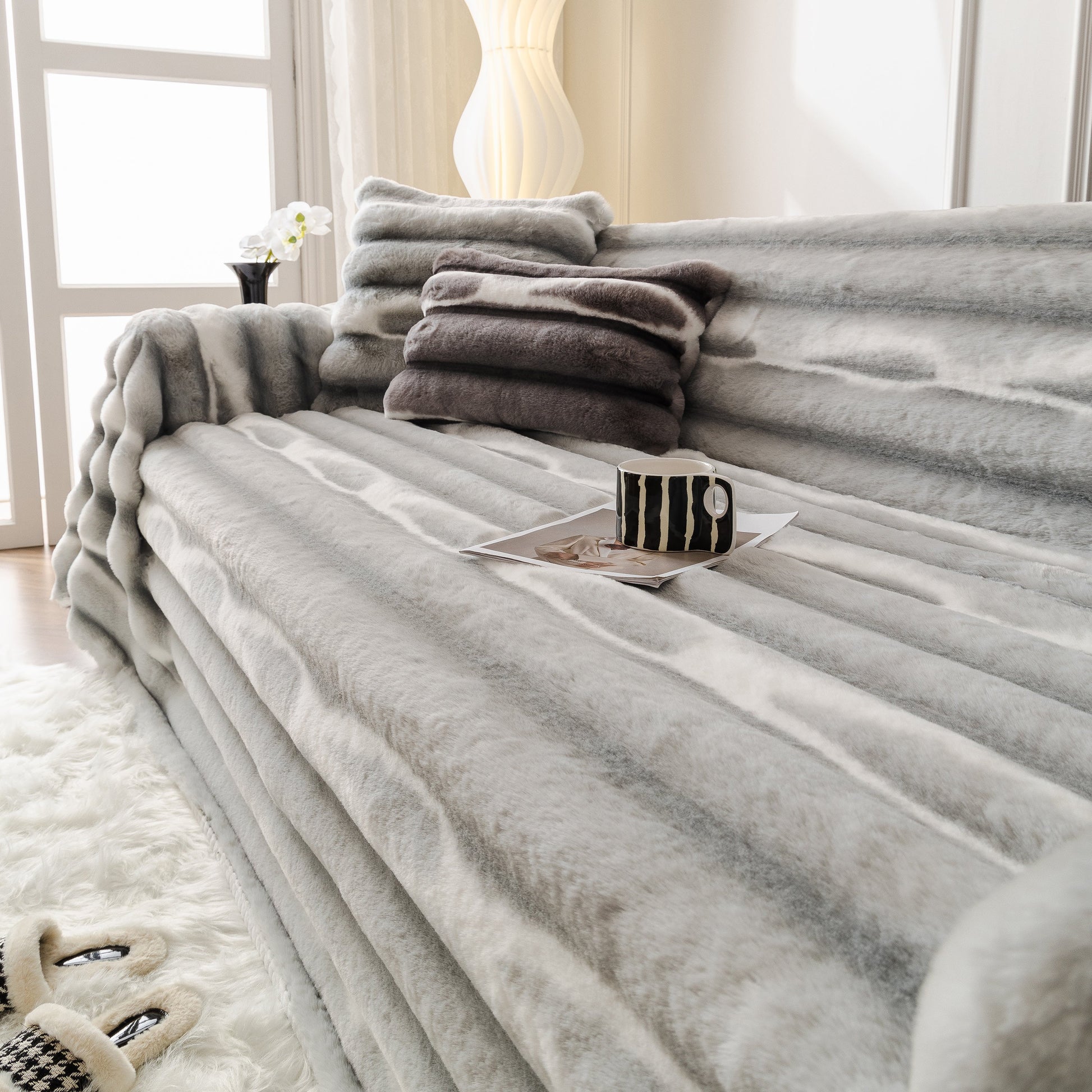 Ultra Soft Faux Fur Couch Cover – Large, Fluffy, and Elegant Sofa Throw Blanket on modern couch