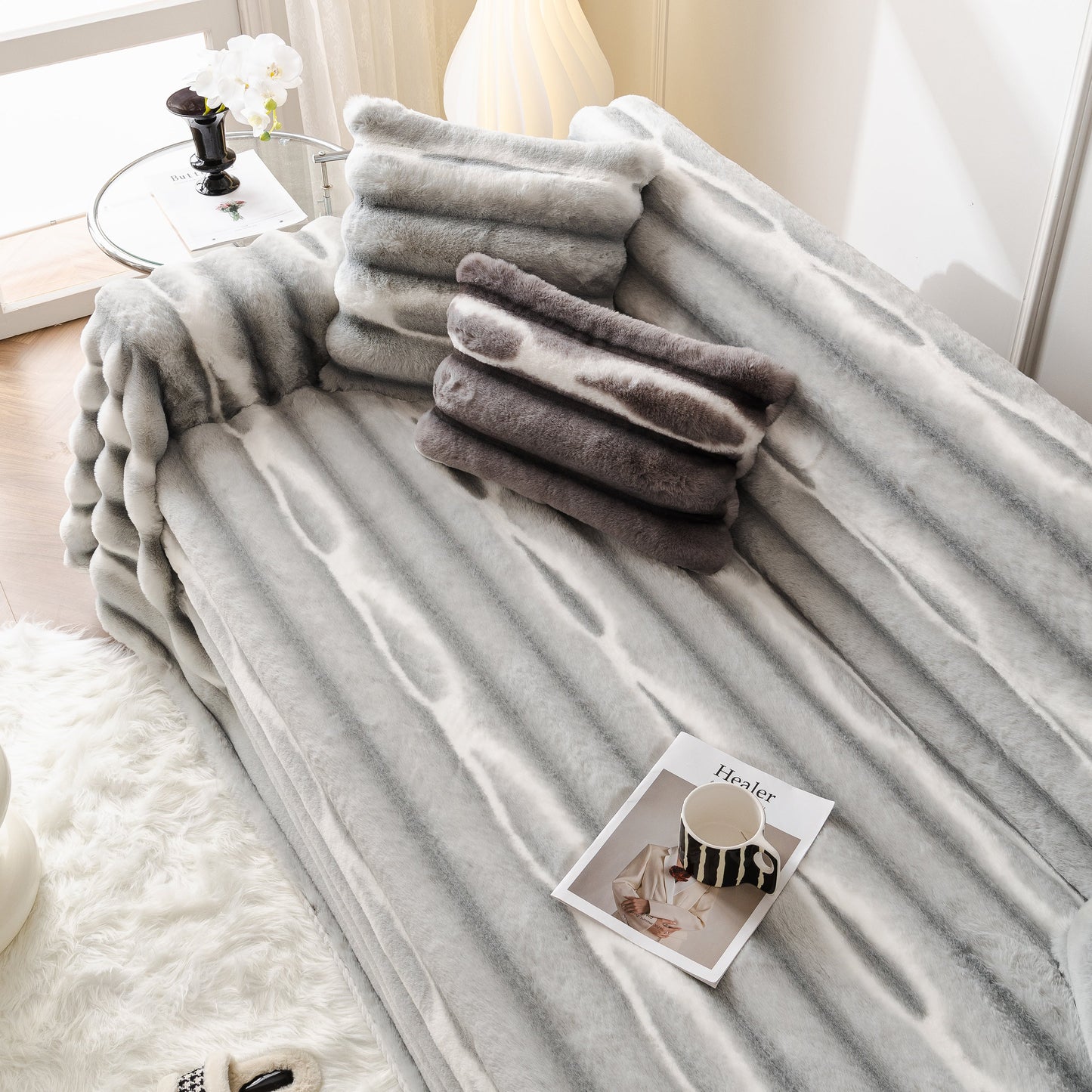 Ultra Soft Faux Fur Couch Cover – Large, Fluffy, and Elegant Sofa Throw Blanket on a modern living room sofa.