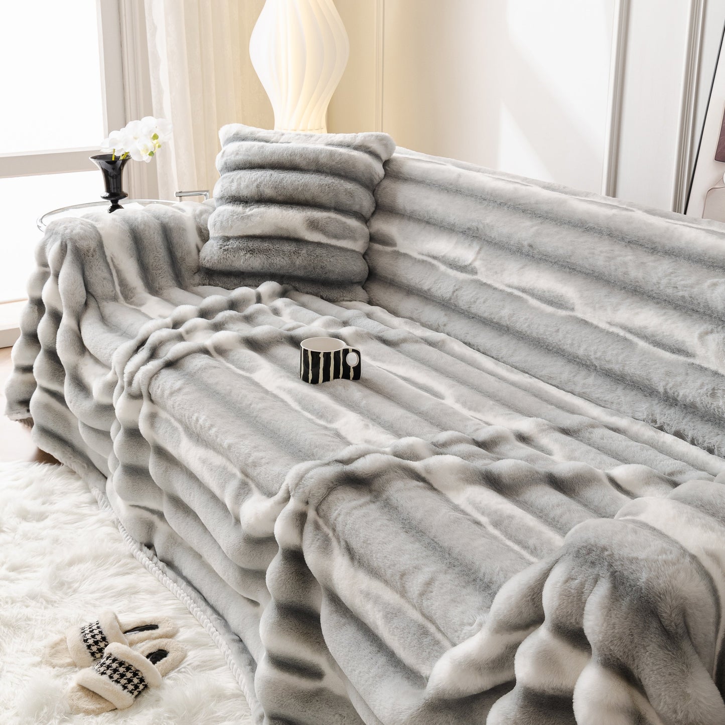 Ultra Soft Faux Fur Couch Cover – Large, Fluffy, and Elegant Sofa Throw Blanket in a stylish living room setting.