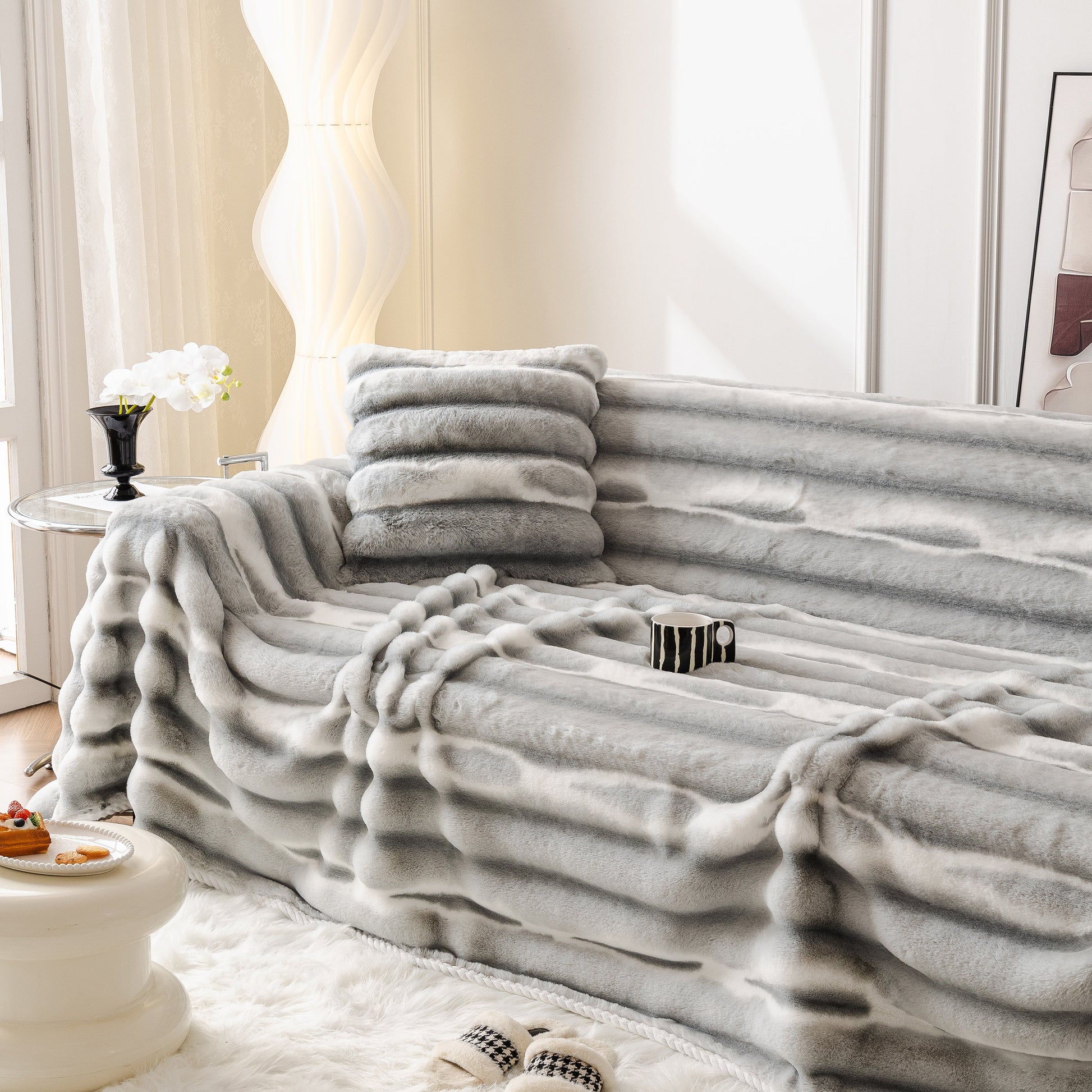 Ultra Soft Faux Fur Couch Cover – Large, Fluffy, and Elegant Sofa Throw Blanket enhancing a living room's luxury.