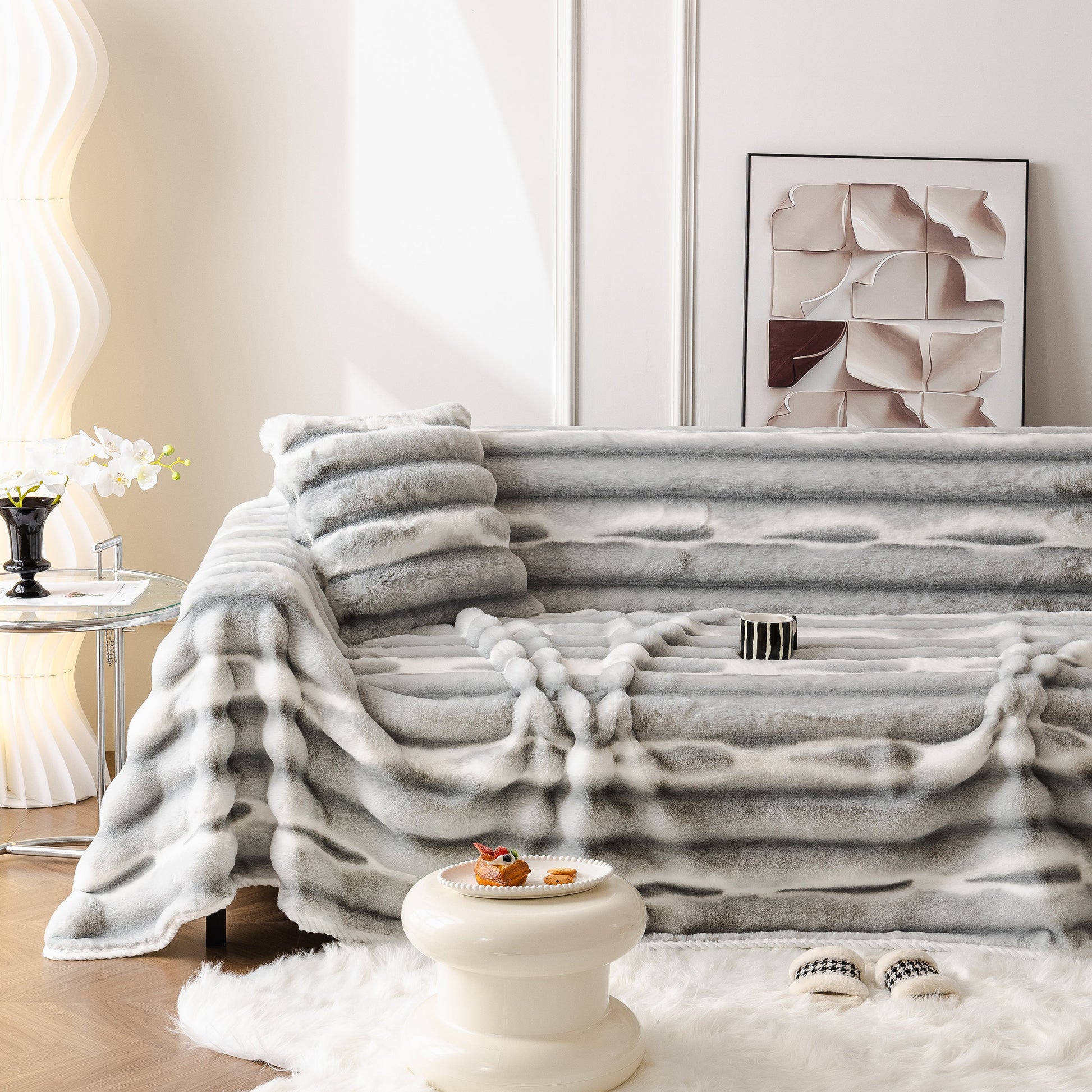 Ultra Soft Faux Fur Couch Cover – Large, Fluffy, and Elegant Sofa Throw Blanket draped over a modern living room sofa, enhancing decor.