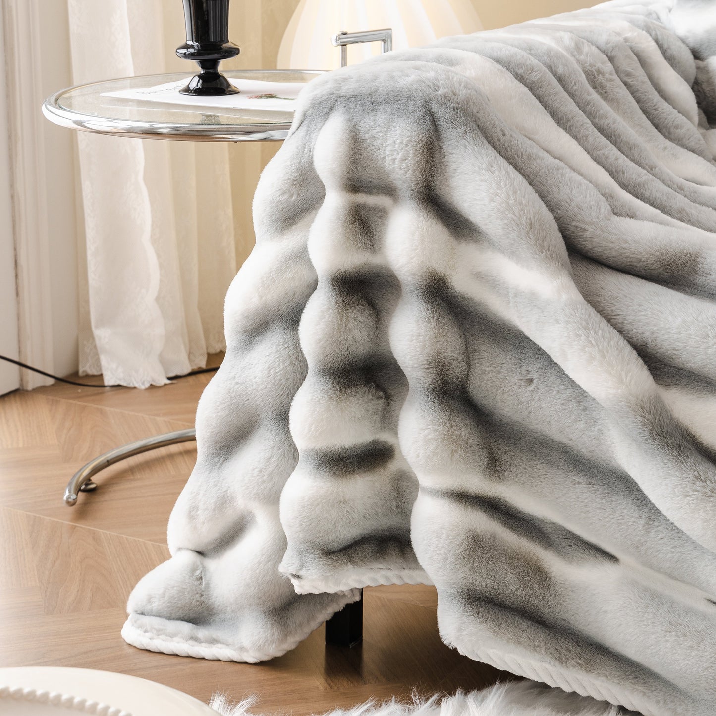 Ultra Soft Faux Fur Couch Cover – Large, Fluffy, and Elegant Sofa Throw Blanket draped over a stylish sofa in a living room.