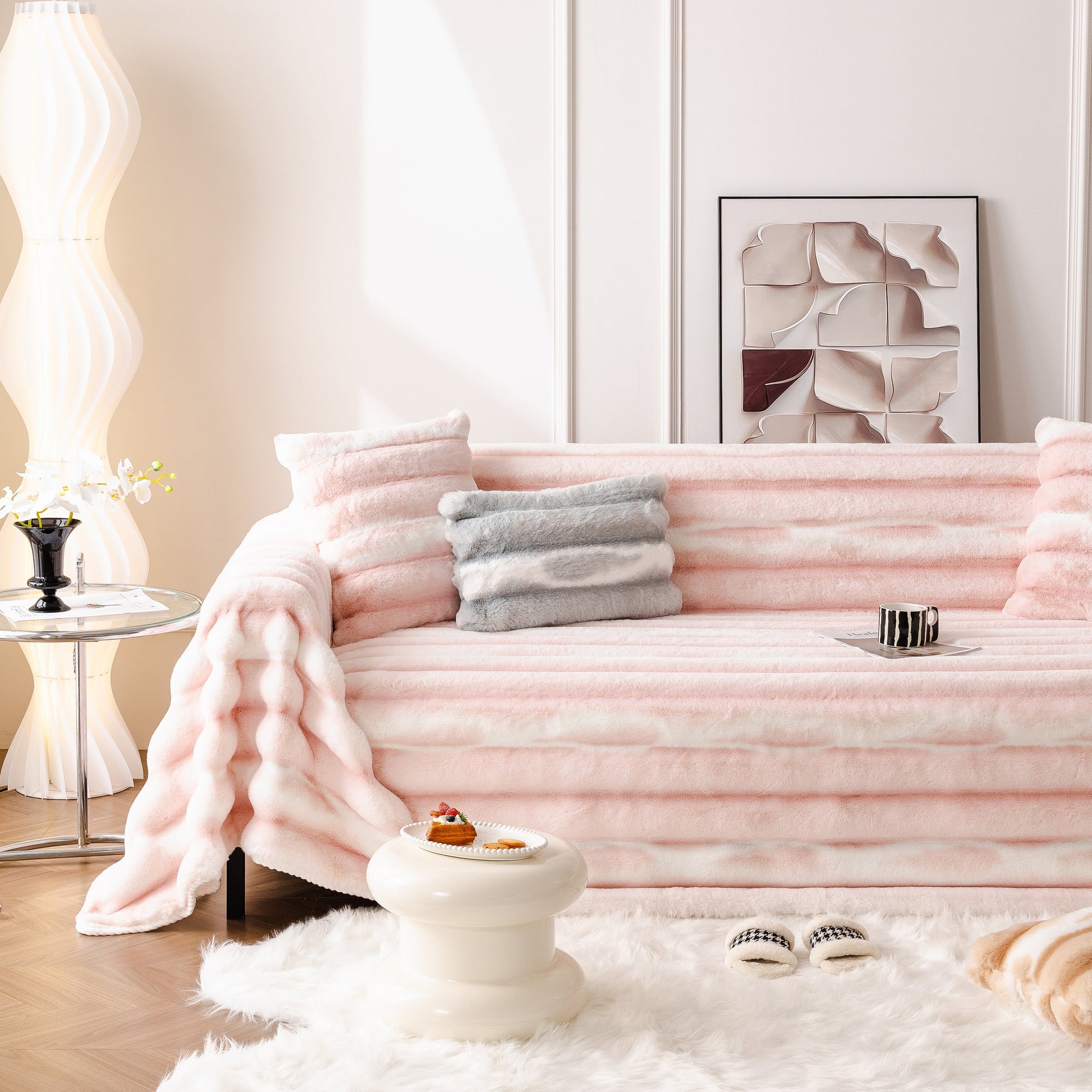 Luxurious Ultra Soft Faux Fur Couch Cover – Large, Fluffy, and Elegant Sofa Throw Blanket on pink sofa in modern living room setting.