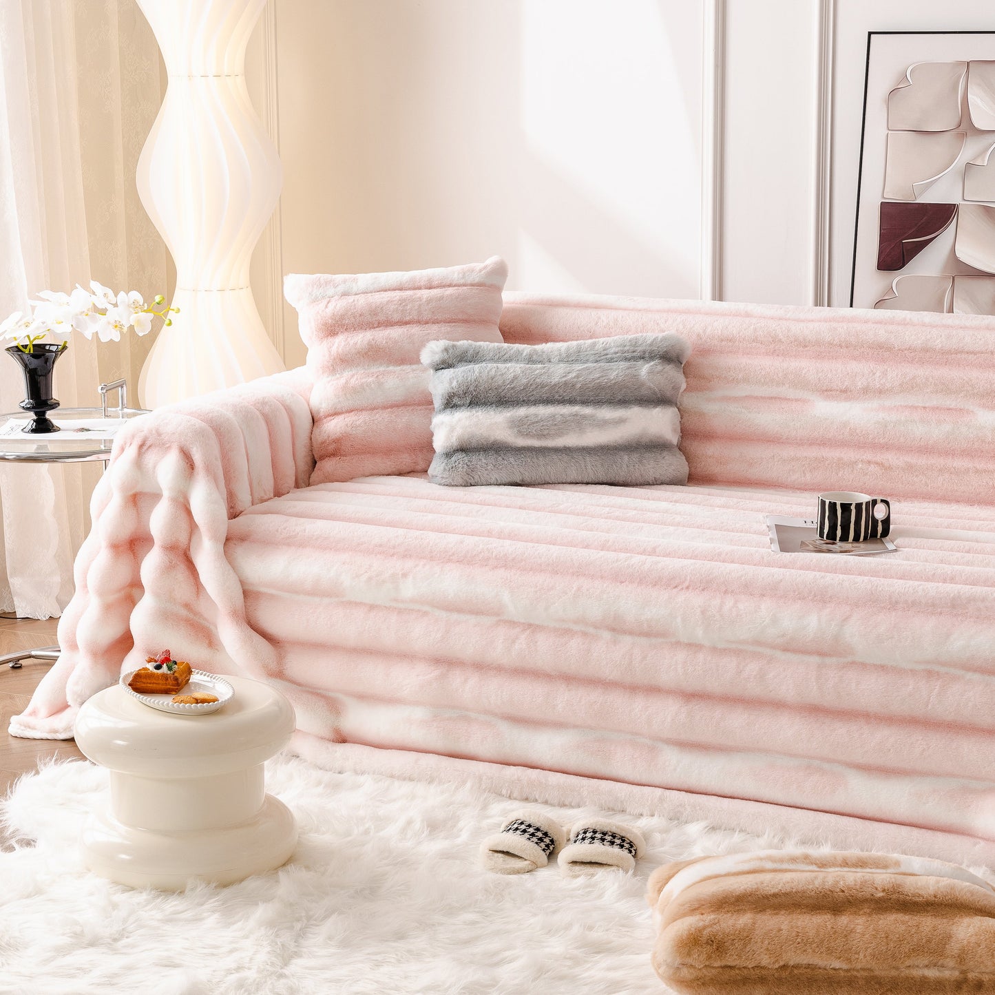 Ultra Soft Faux Fur Couch Cover – Large, Fluffy, and Elegant Sofa Throw Blanket on a pink sofa, enhancing luxury and comfort in living room.