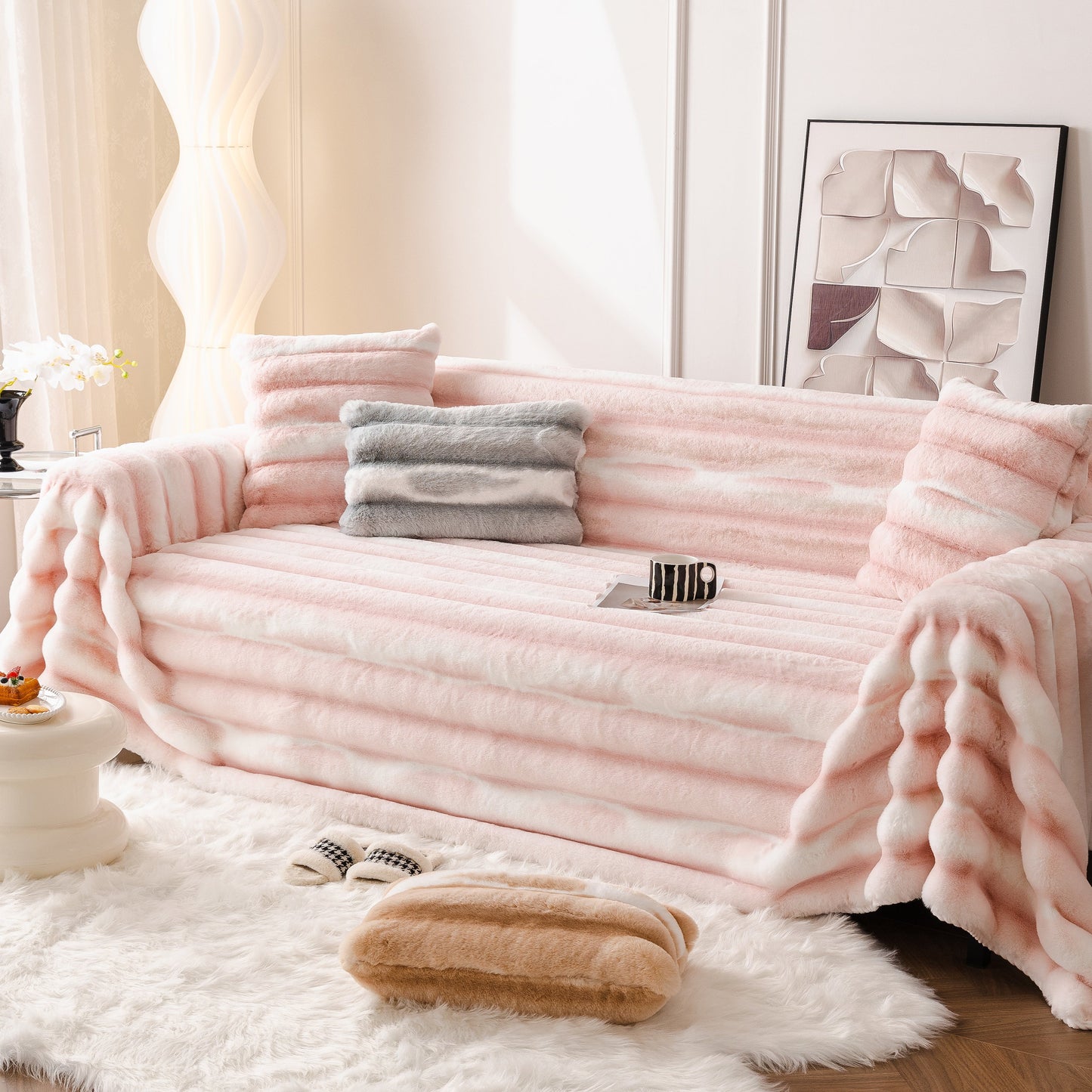 Ultra Soft Faux Fur Couch Cover – Large, Fluffy, and Elegant Sofa Throw Blanket on a stylishly decorated couch in a living room.