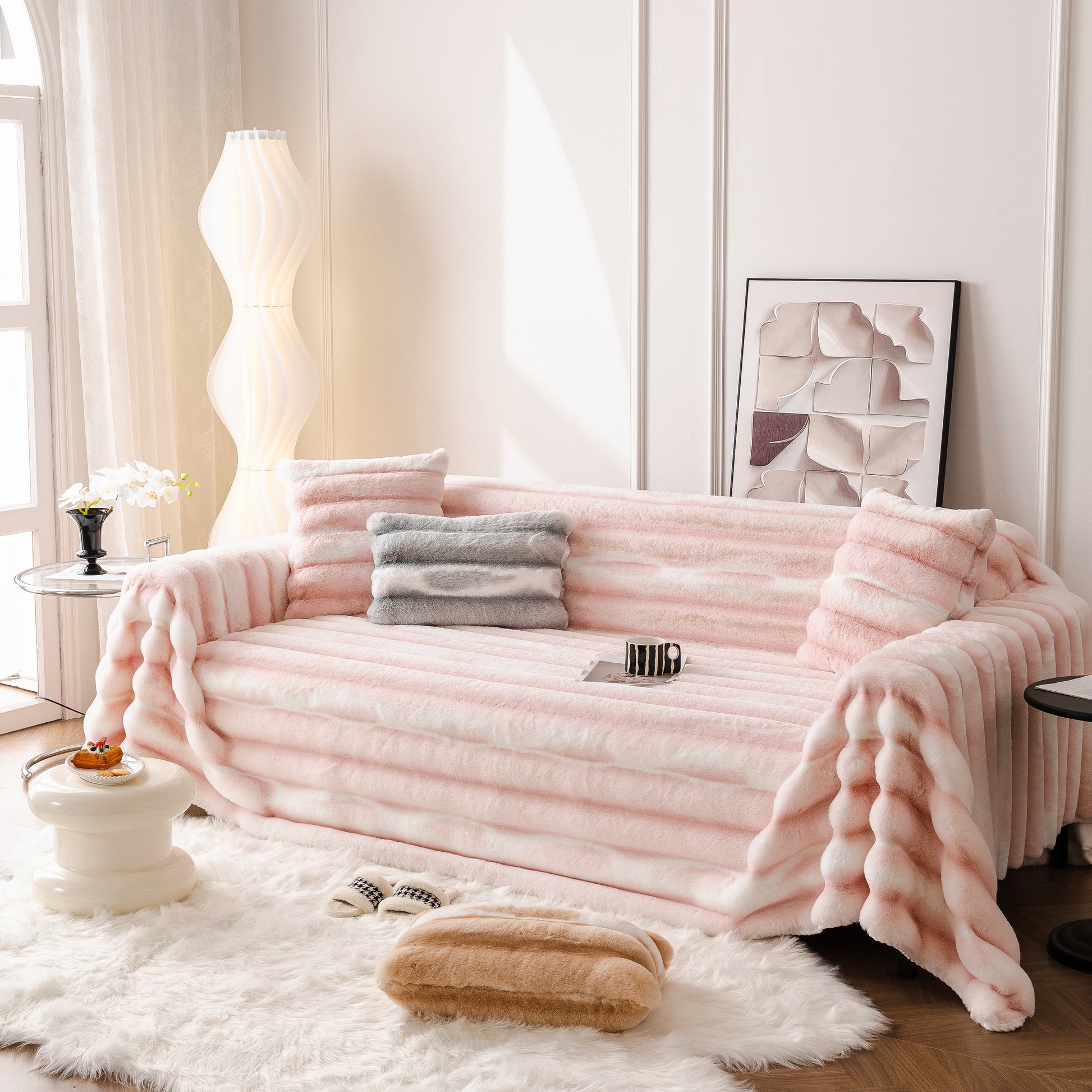 Ultra Soft Faux Fur Couch Cover – Large, Fluffy, and Elegant Sofa Throw Blanket in a stylish living room setting.