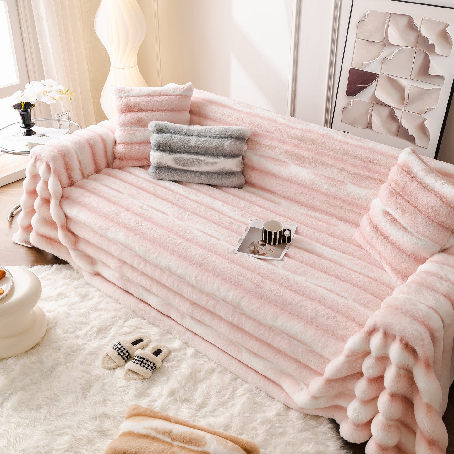 Ultra Soft Faux Fur Couch Cover – Large, Fluffy, and Elegant Sofa Throw Blanket on a stylish living room couch with decorative pillows.
