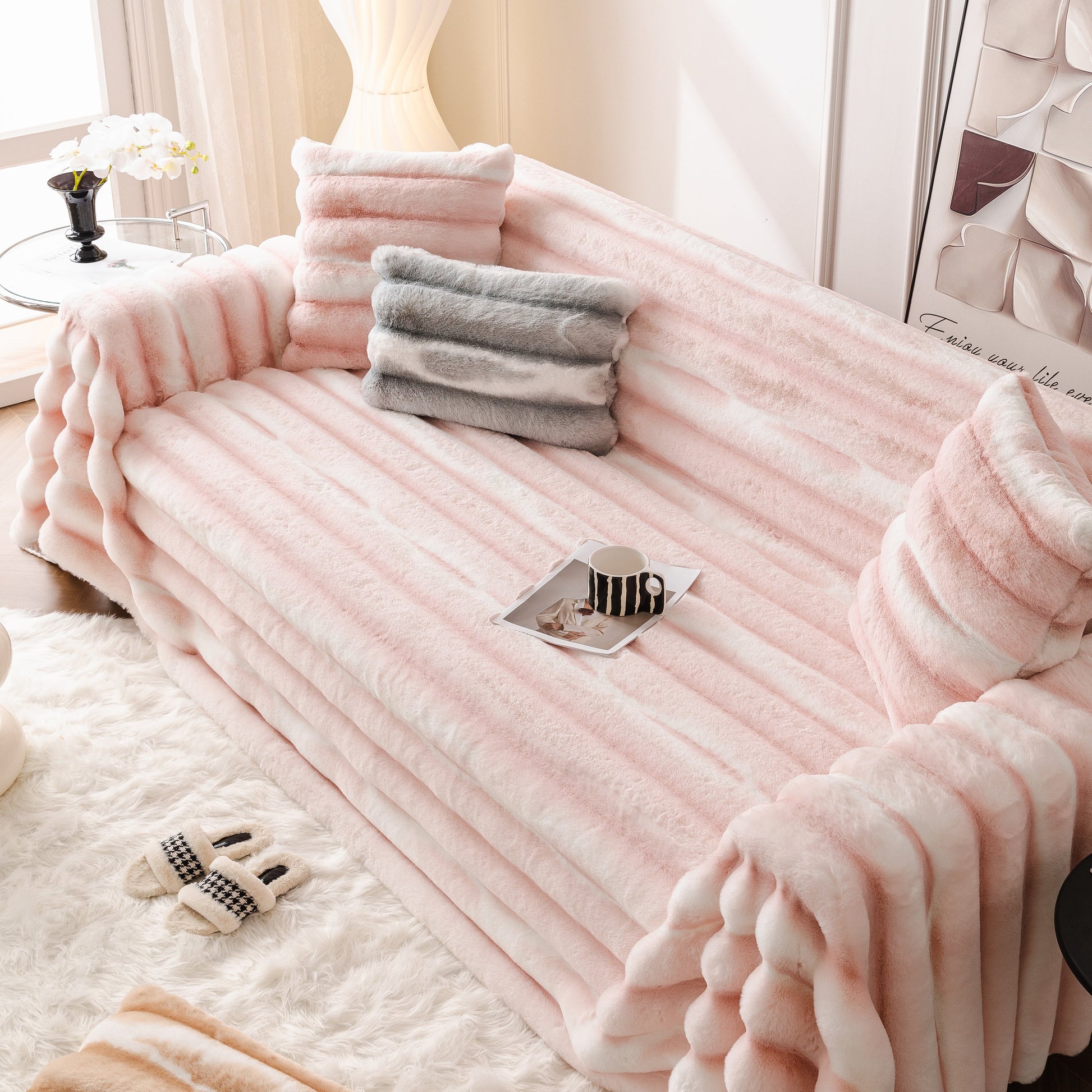 Ultra Soft Faux Fur Couch Cover – Large, Fluffy, and Elegant Sofa Throw Blanket on a stylish sofa setting