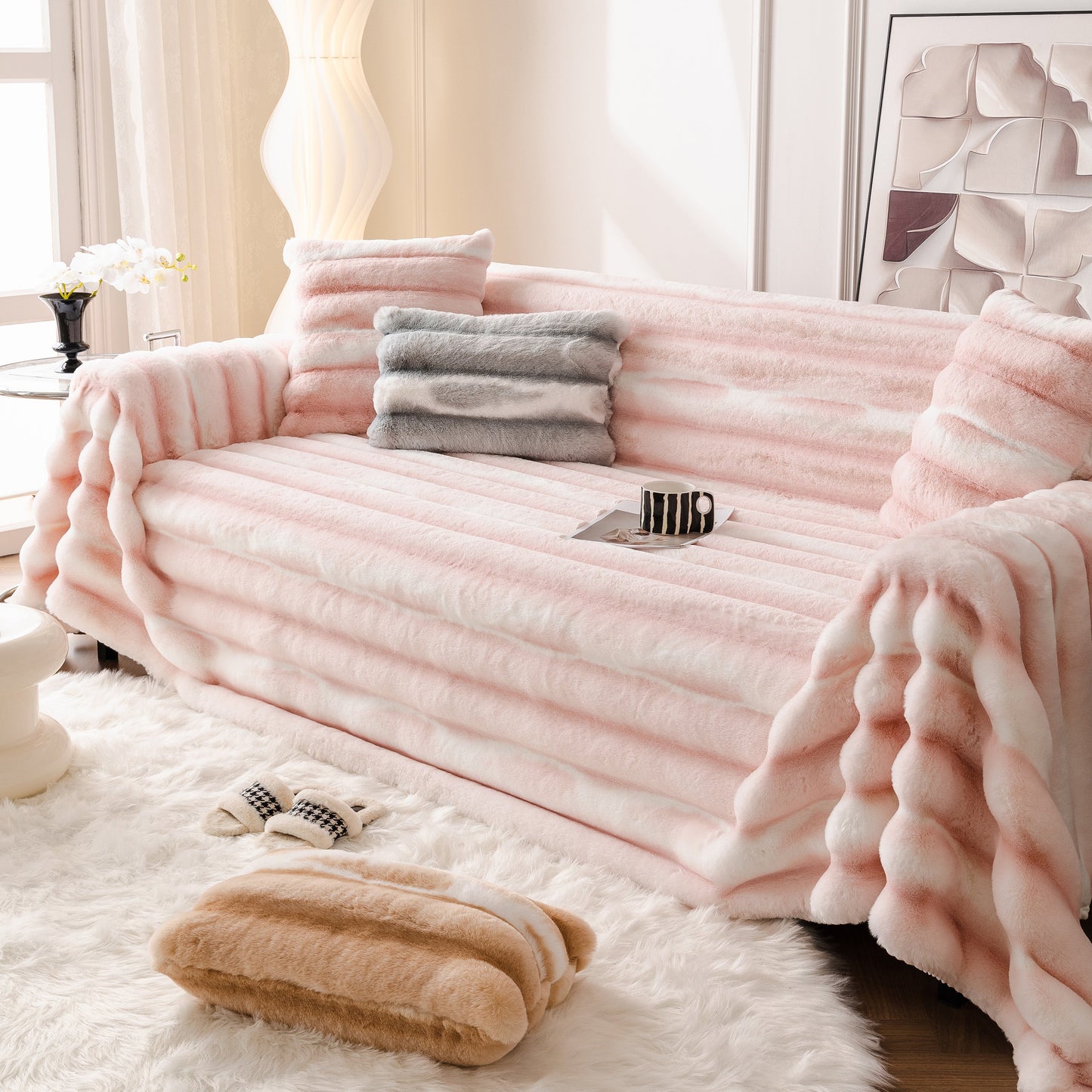 Ultra Soft Faux Fur Couch Cover – Large, Fluffy, and Elegant Sofa Throw Blanket enhancing a living room setting.