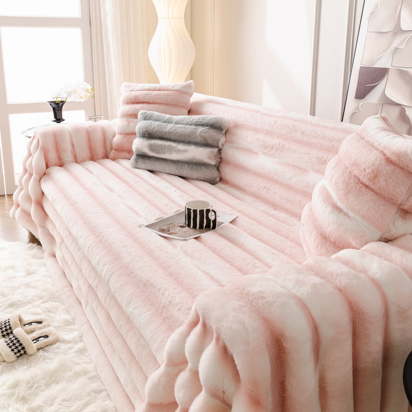 Ultra Soft Faux Fur Couch Cover – Large, Fluffy, and Elegant Sofa Throw Blanket on a cozy living room sofa.