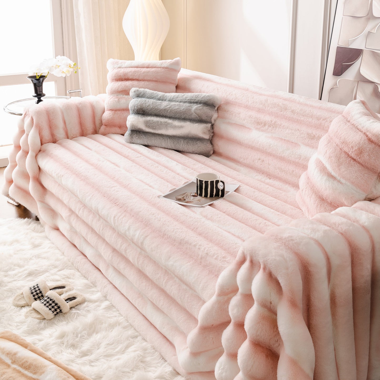 Ultra Soft Faux Fur Couch Cover – Large, Fluffy, and Elegant Sofa Throw Blanket enhancing living room decor.