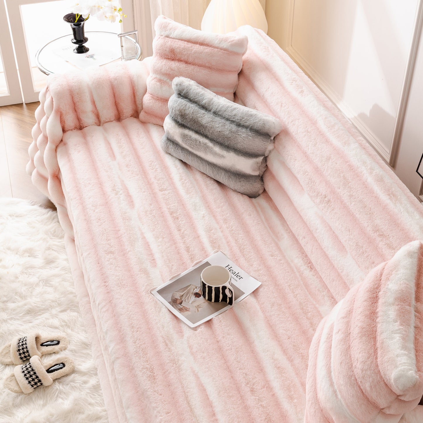 Ultra Soft Faux Fur Couch Cover – Large, Fluffy, and Elegant Sofa Throw Blanket displayed on a stylish couch