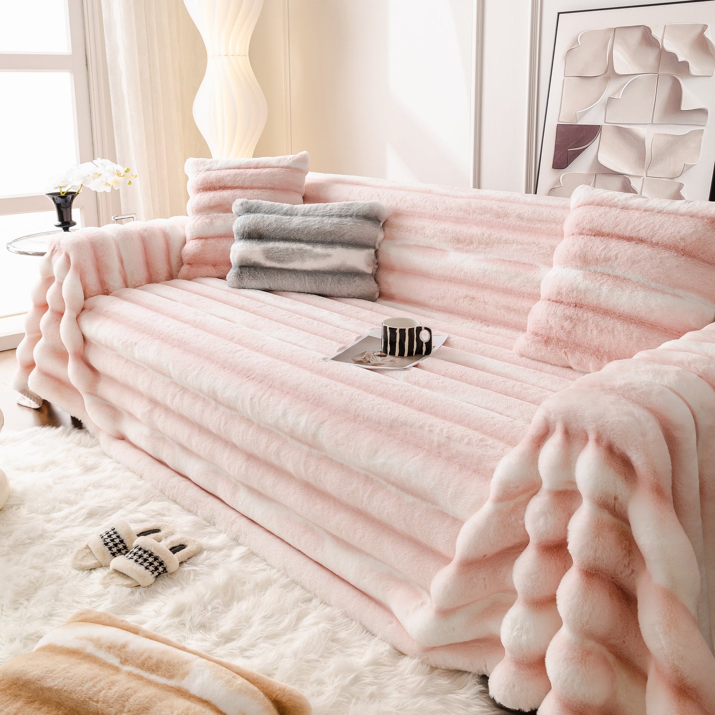 Ultra Soft Faux Fur Couch Cover – Large, Fluffy, and Elegant Sofa Throw Blanket in a living room setting.