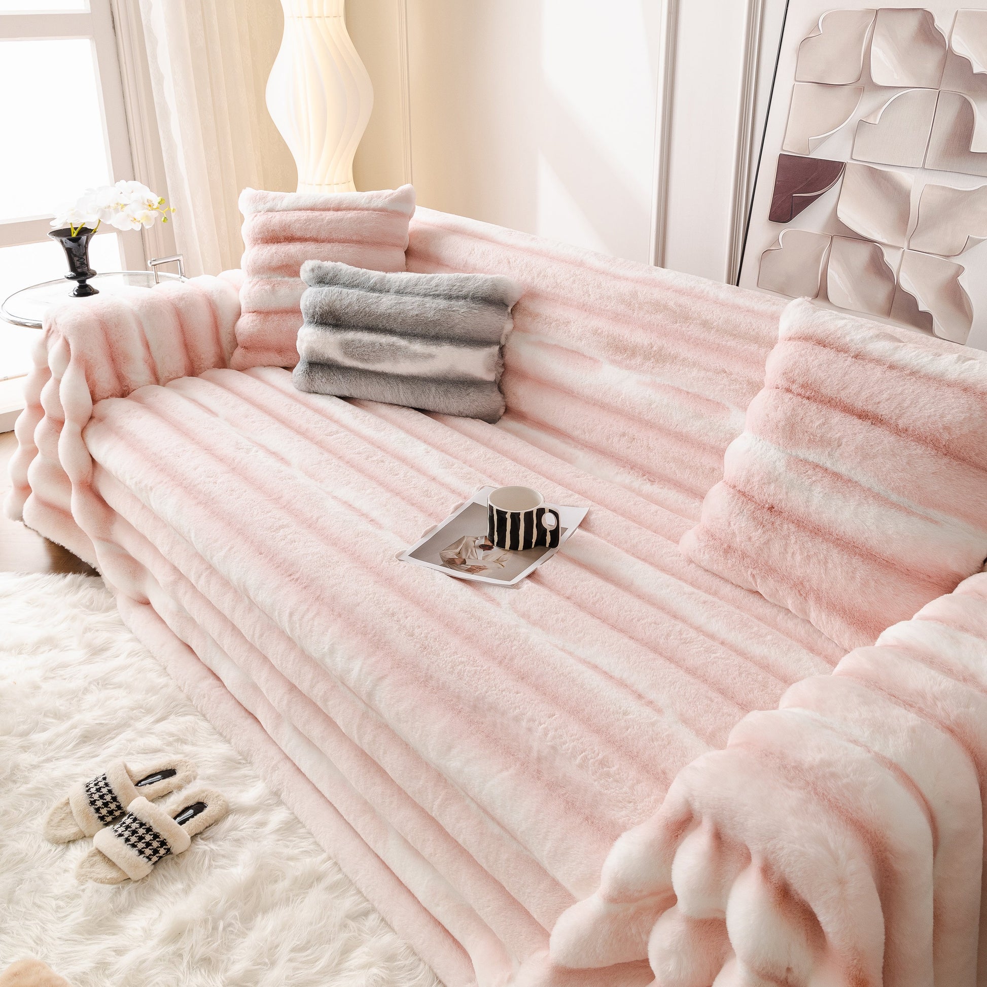 Ultra Soft Faux Fur Couch Cover – Large, Fluffy, and Elegant Sofa Throw Blanket on a stylish sofa setting with decorative pillows.