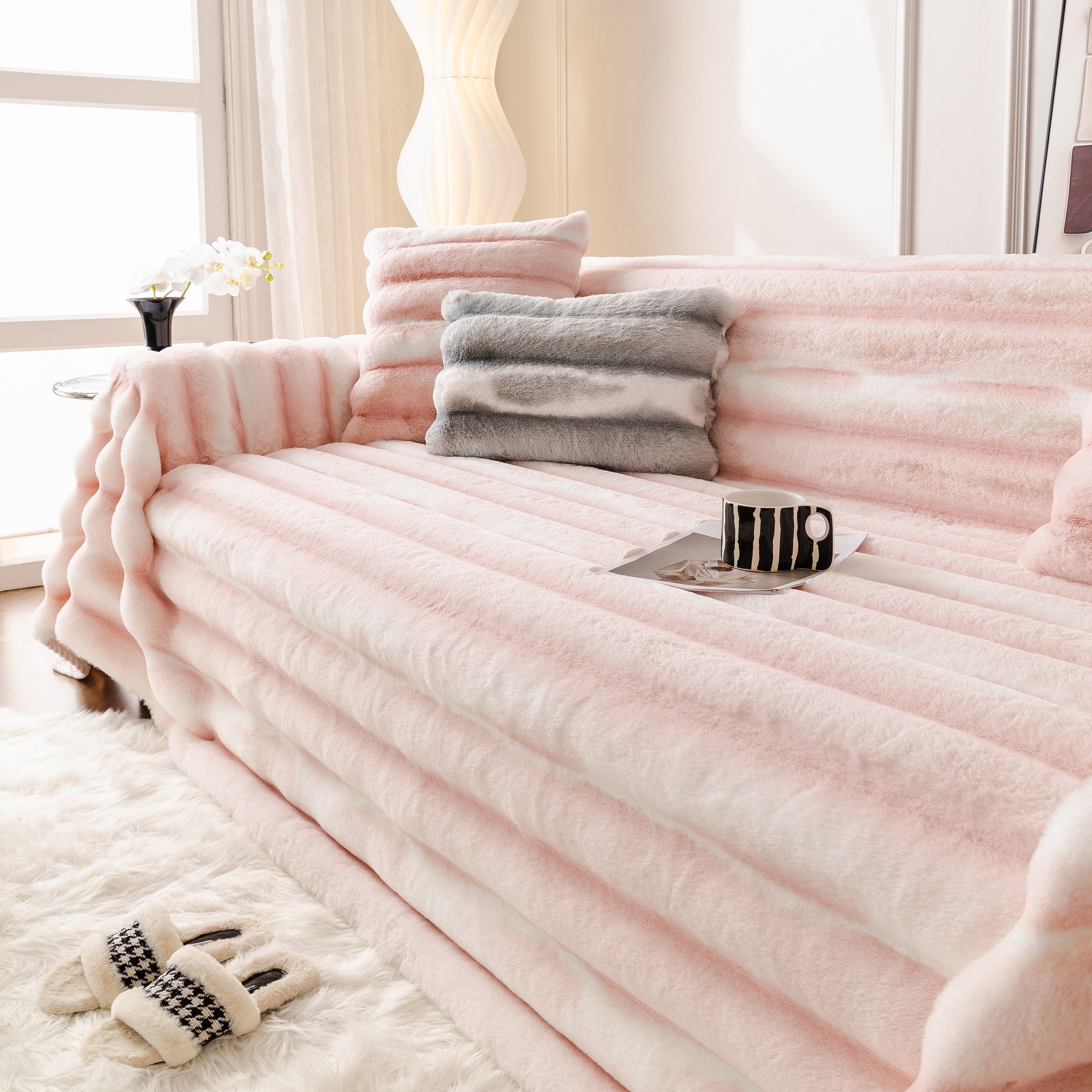 Ultra Soft Faux Fur Couch Cover – Large, Fluffy, and Elegant Sofa Throw Blanket in a stylish living room setting