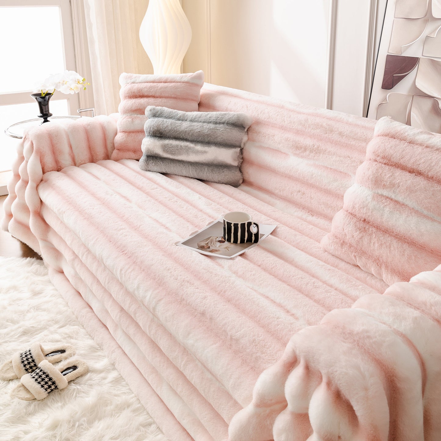 Ultra Soft Faux Fur Couch Cover – Large, Fluffy, and Elegant Sofa Throw Blanket on a cozy pink sofa in a stylish living room.
