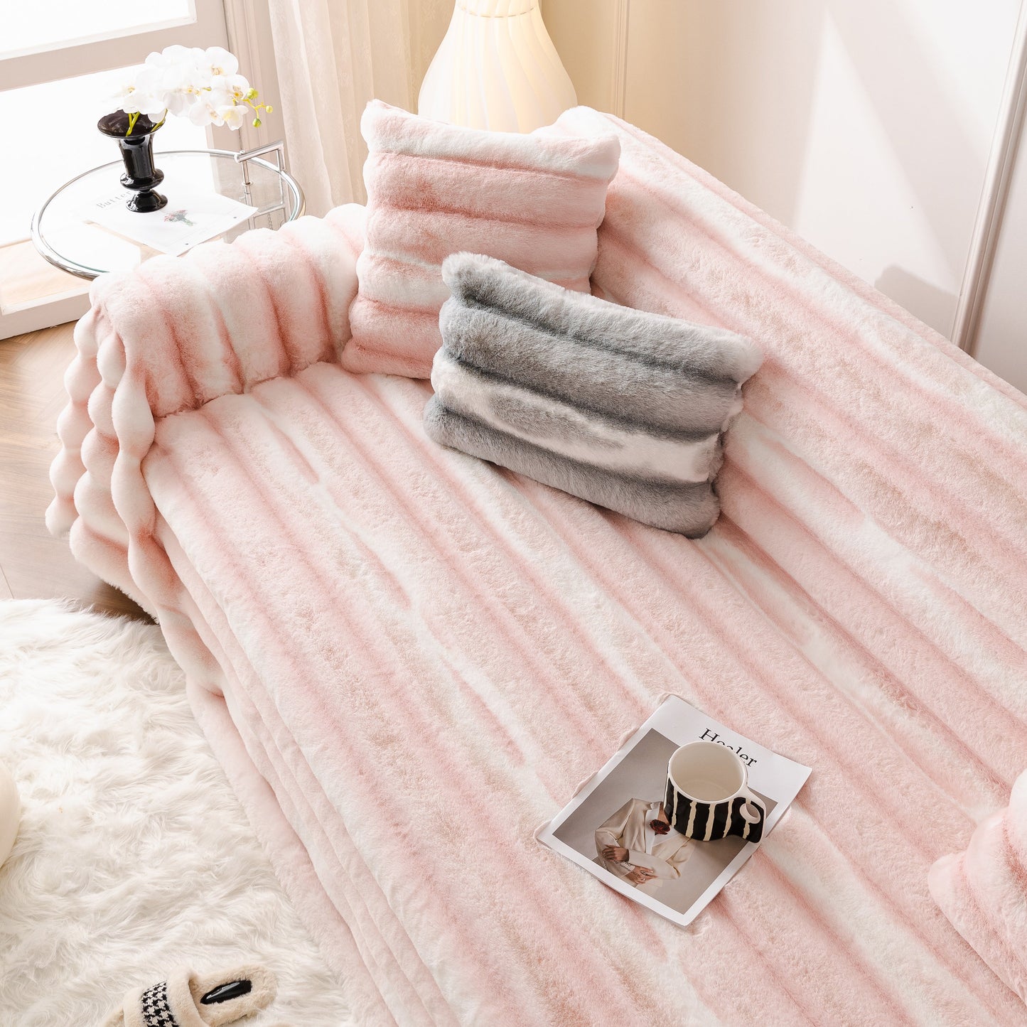 Ultra Soft Faux Fur Couch Cover – Large, Fluffy, and Elegant Sofa Throw Blanket draped over a sofa with decorative pillows.