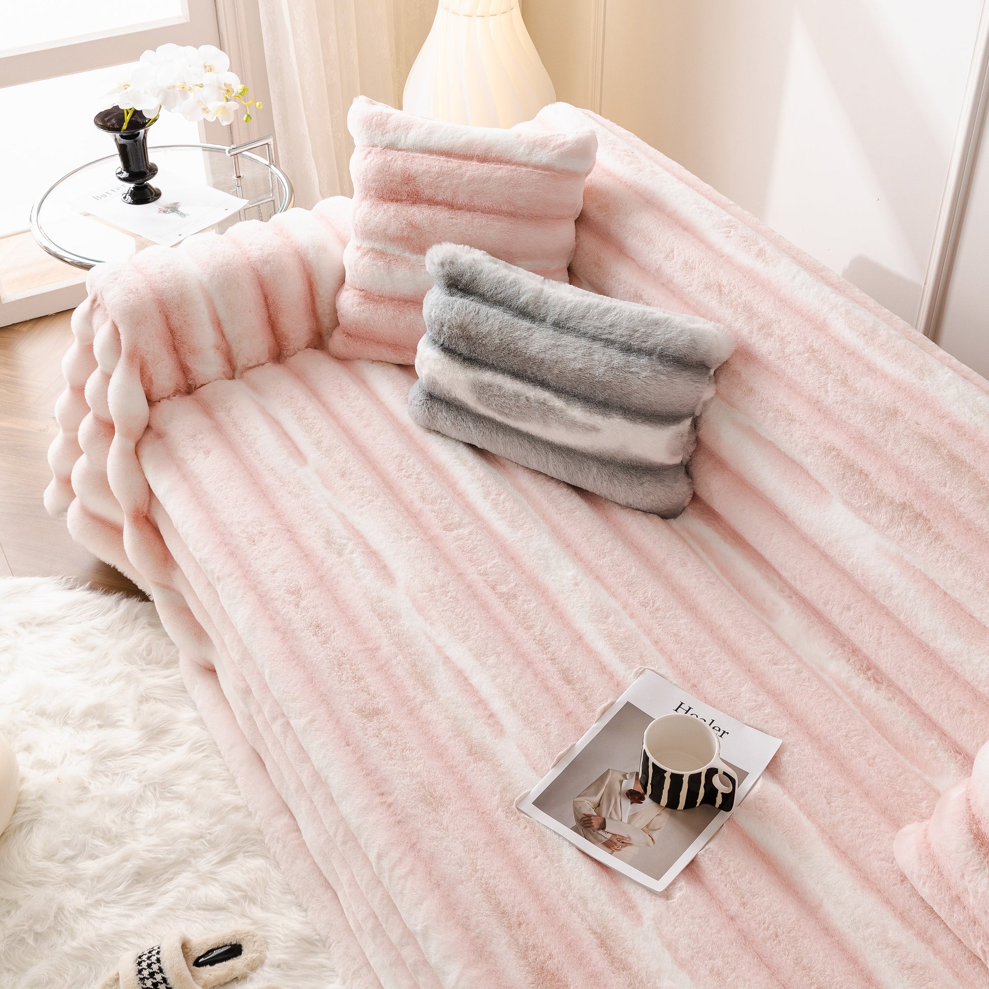 Ultra Soft Faux Fur Couch Cover – Large, Fluffy, and Elegant Sofa Throw Blanket draped over a sofa with decorative pillows.