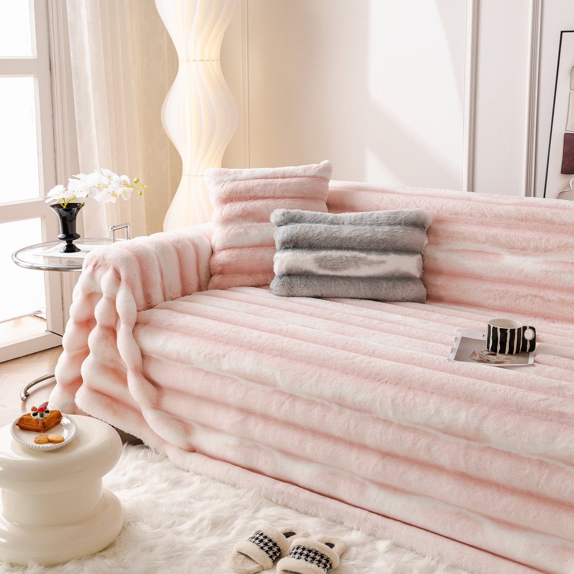 Ultra Soft Faux Fur Couch Cover – Large, Fluffy, and Elegant Sofa Throw Blanket on a modern sofa in a stylish living room.
