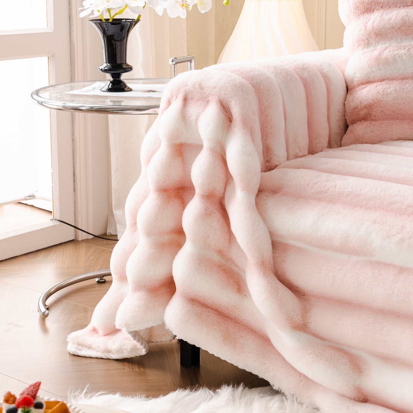 Ultra Soft Faux Fur Couch Cover – Large, Fluffy, and Elegant Sofa Throw Blanket enhancing a living room's decor.