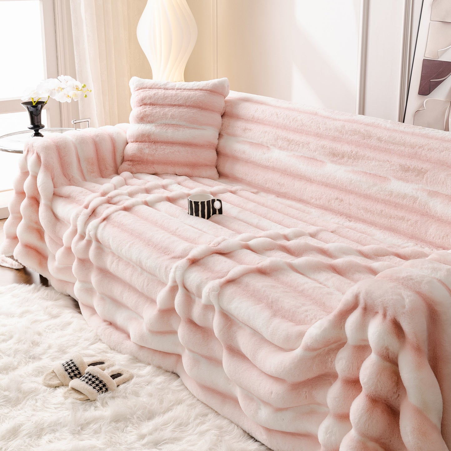 Ultra Soft Faux Fur Couch Cover – Large, Fluffy, and Elegant Sofa Throw Blanket enhancing a stylishly decorated living room.
