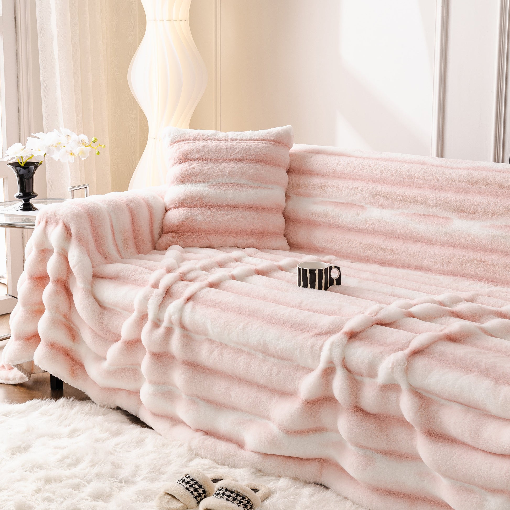 Ultra Soft Faux Fur Couch Cover – Large, Fluffy, and Elegant Sofa Throw Blanket on a stylish sofa in a living room setting