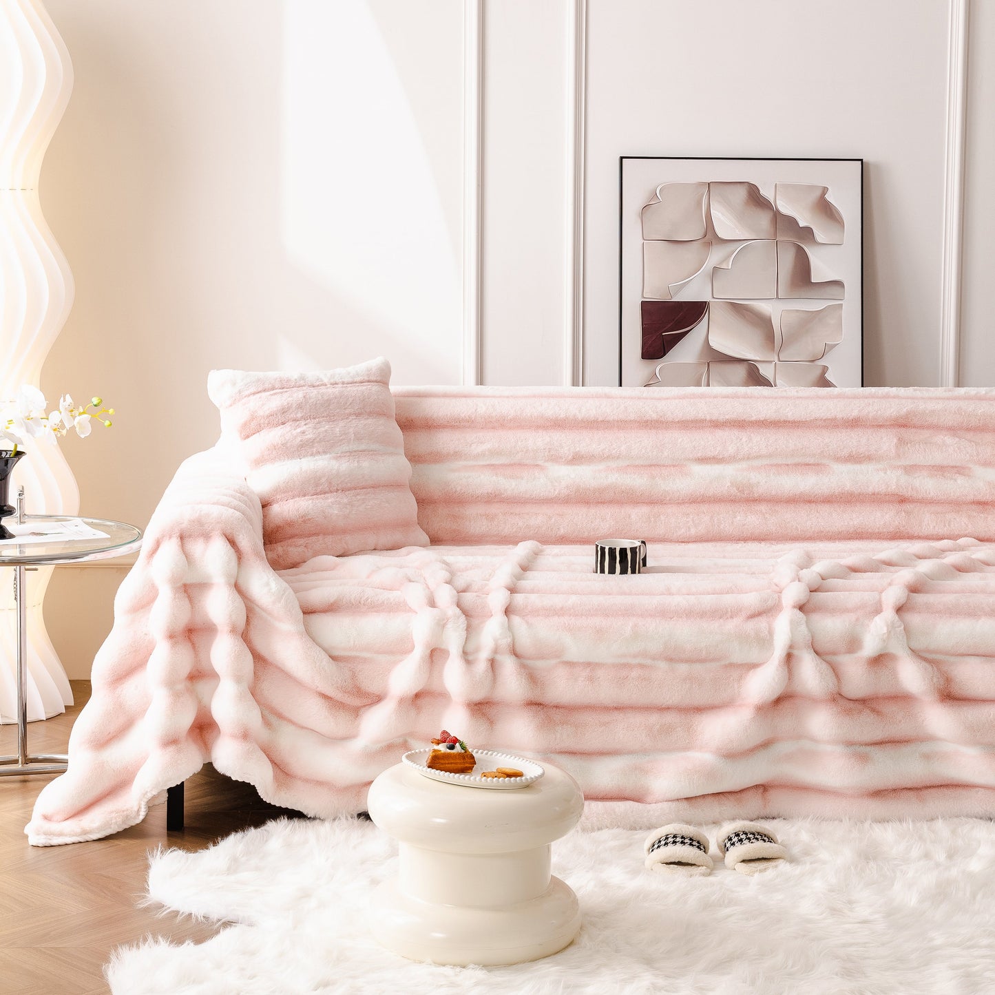 Ultra Soft Faux Fur Couch Cover – Large, Fluffy, and Elegant Sofa Throw Blanket displayed on a sofa in a stylish room.