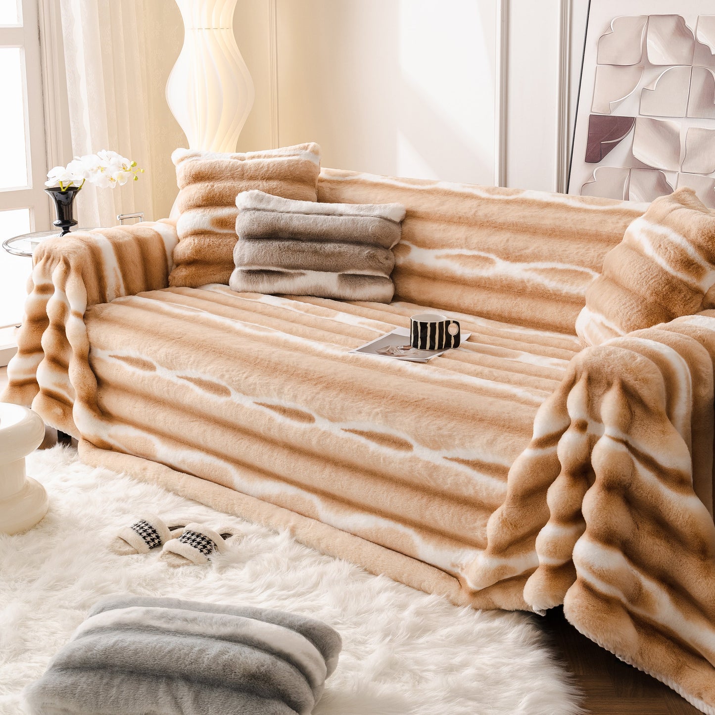 Ultra Soft Faux Fur Couch Cover – Large, Fluffy, and Elegant Sofa Throw Blanket on a stylish couch