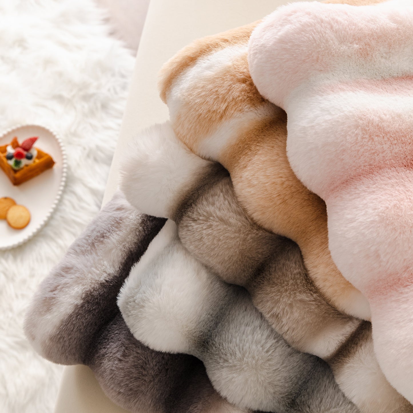 Ultra Soft Faux Fur Couch Cover – Large, Fluffy, and Elegant Sofa Throw Blanket in gradient colors displayed on sofa.