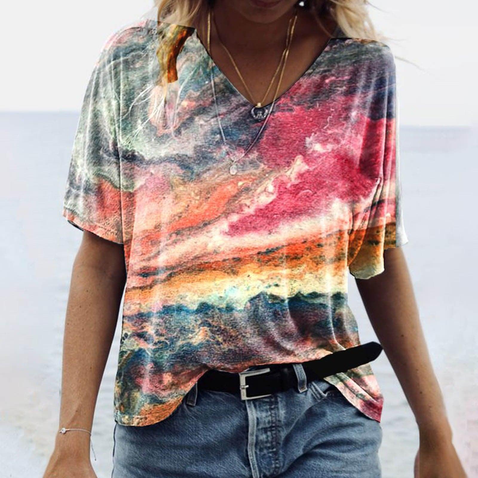 Women's Spring Glitzy V-Neck Short Sleeved Marble Print Top in vibrant tie-dye design, ideal for summer fashion and comfortable wear.