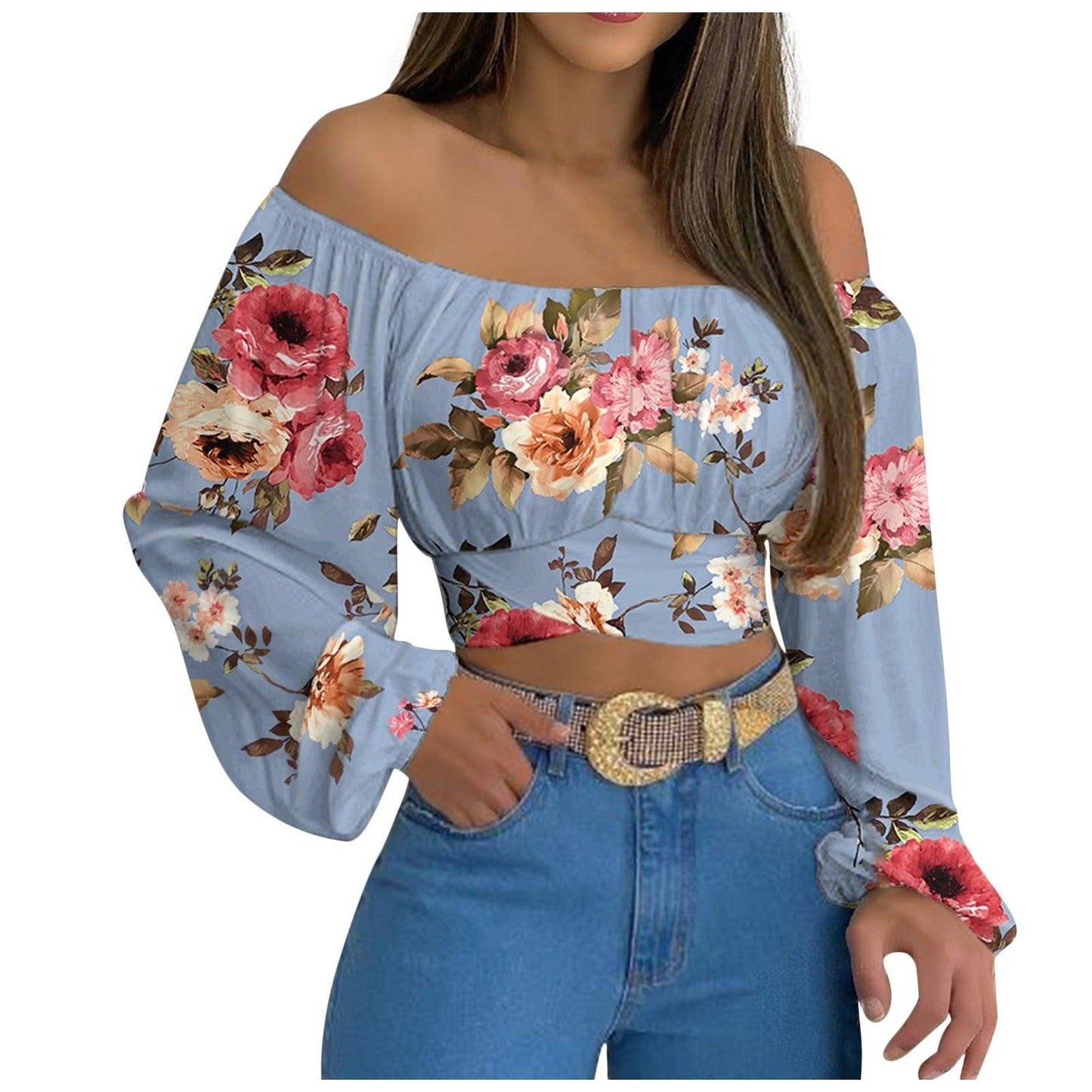 Woman wearing Off Shoulder Cross Tie Long Sleeve Top | Sexy & Trendy Cowgirl Look, floral design, with jeans and belt