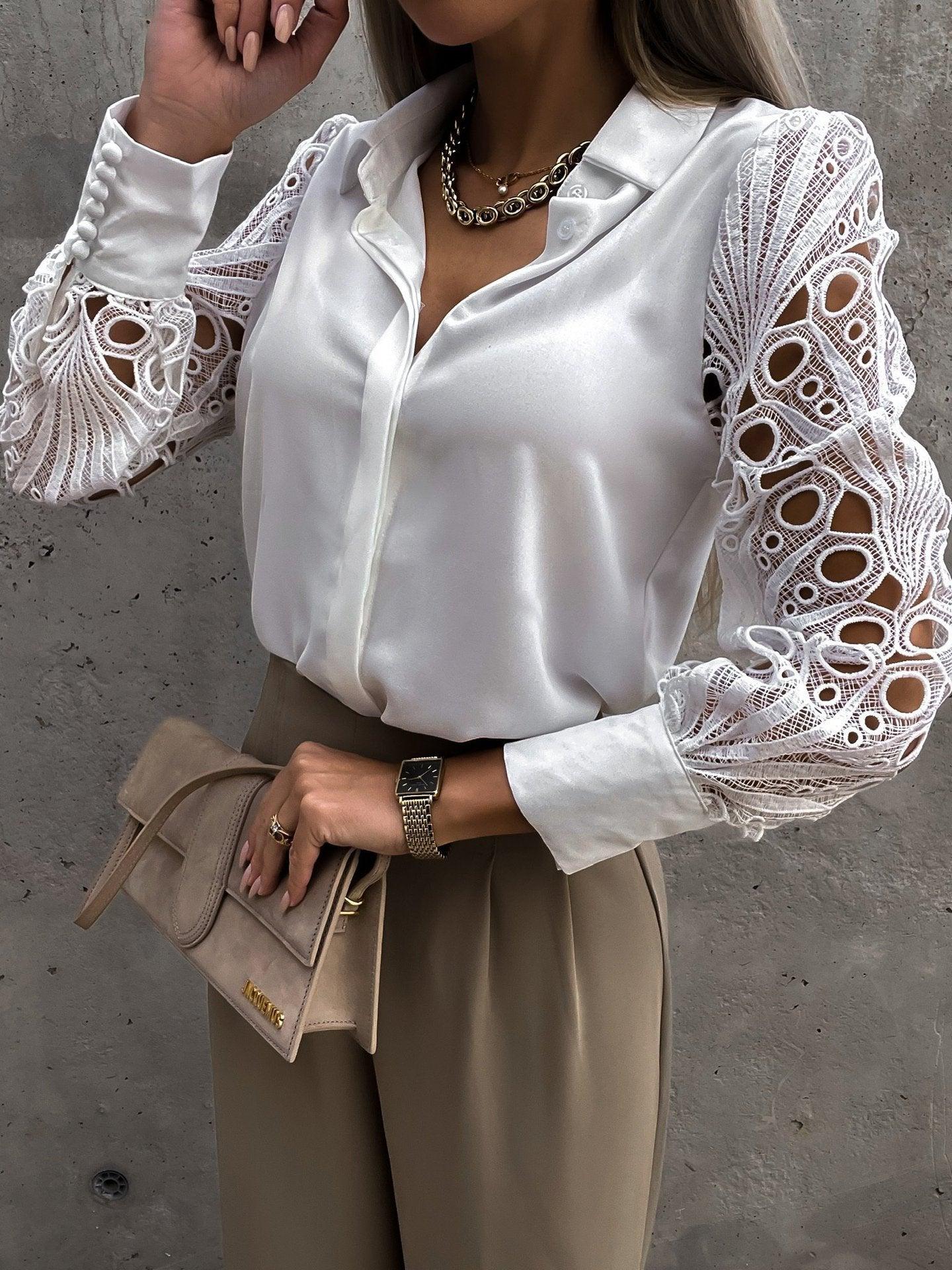 Luxe Lace Button-Up Top - Elegant Cotton Blouse with Lace Details in Snow White, featuring embroidered sleeves, ideal for both work and evening.