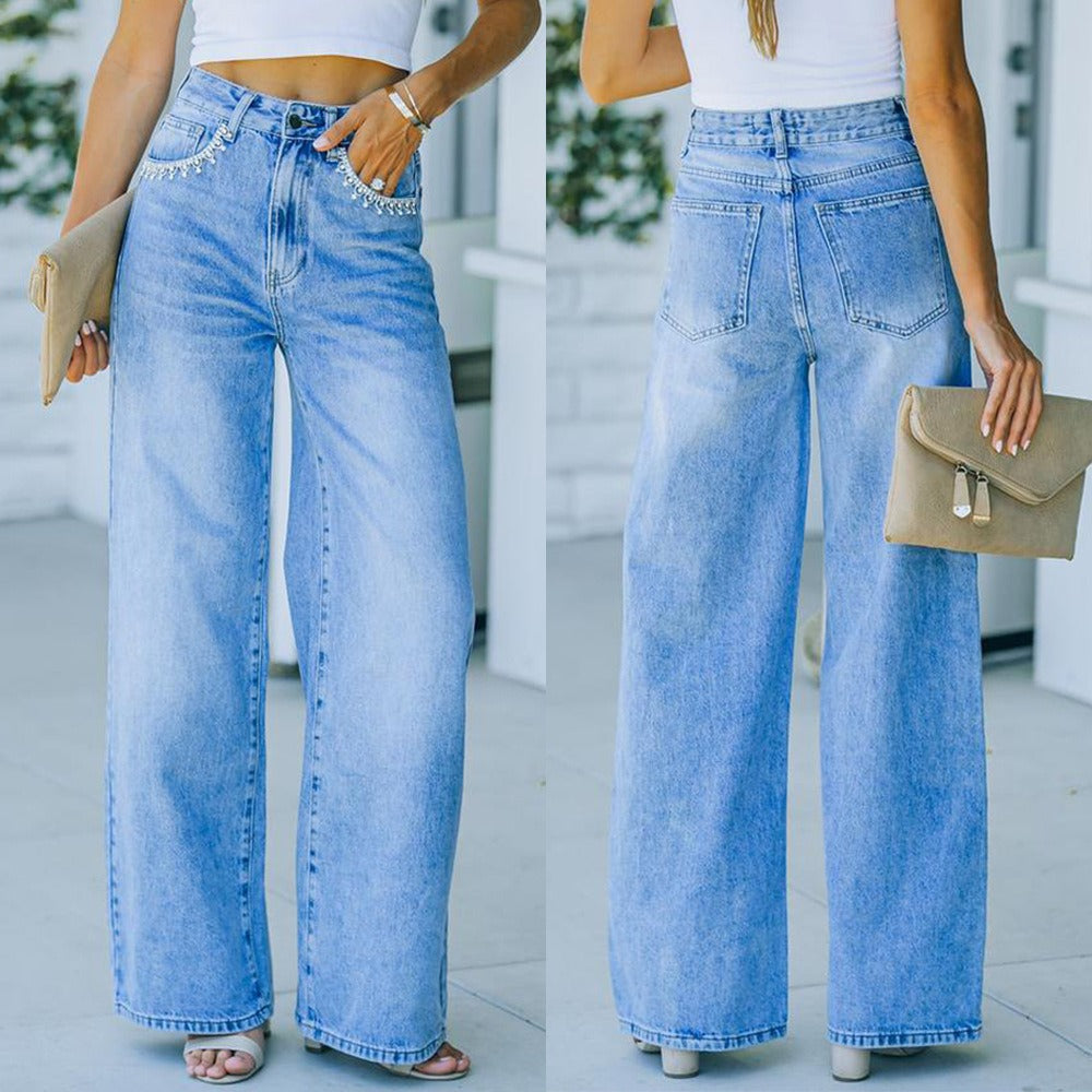 Model wearing "Ava" Petal Pocket Wide-Leg Denim Jeans in light blue wash, showcasing front and back views.