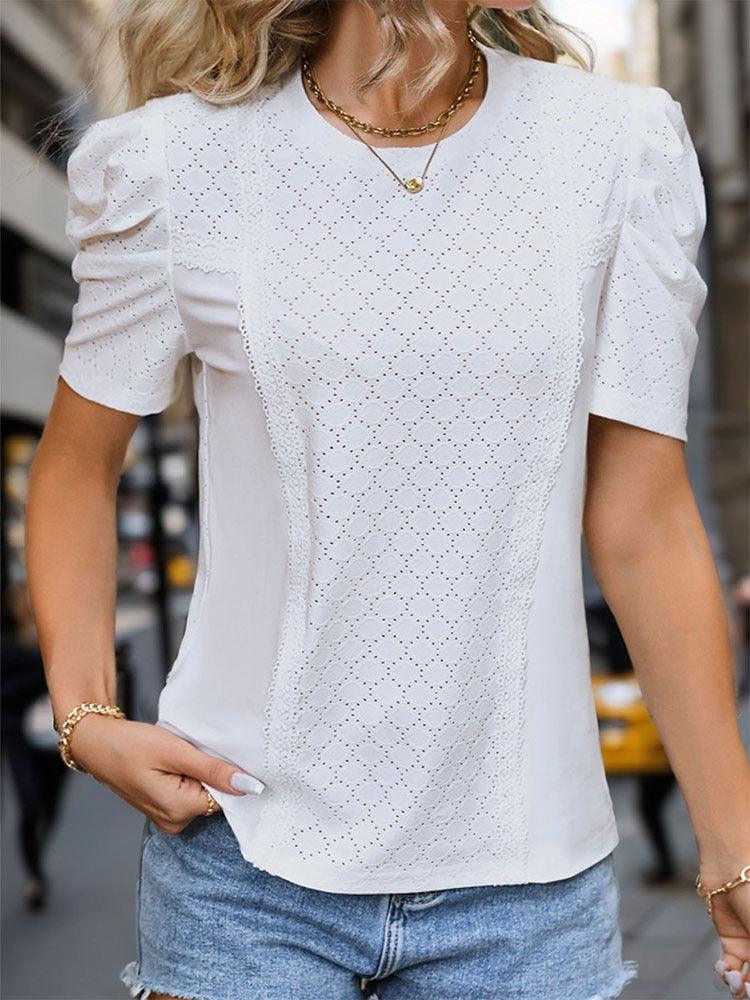 Effortless Chic Bubble Sleeve Top - Stylish and Trendy Blouse for Women with textured design and bubble sleeves for modern elegance.
