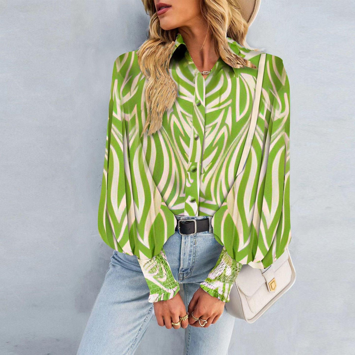 Boho Printed Lantern Sleeve Top – Relaxed Fit Casual Shirt for Country Girls in green abstract print with long sleeves and turn-up collar.
