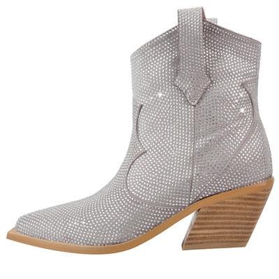 Women’s Rhinestone Encrusted Bootie Style Cowboy Boots with mid-height heel, featuring sparkling rhinestone details and simulated leather.