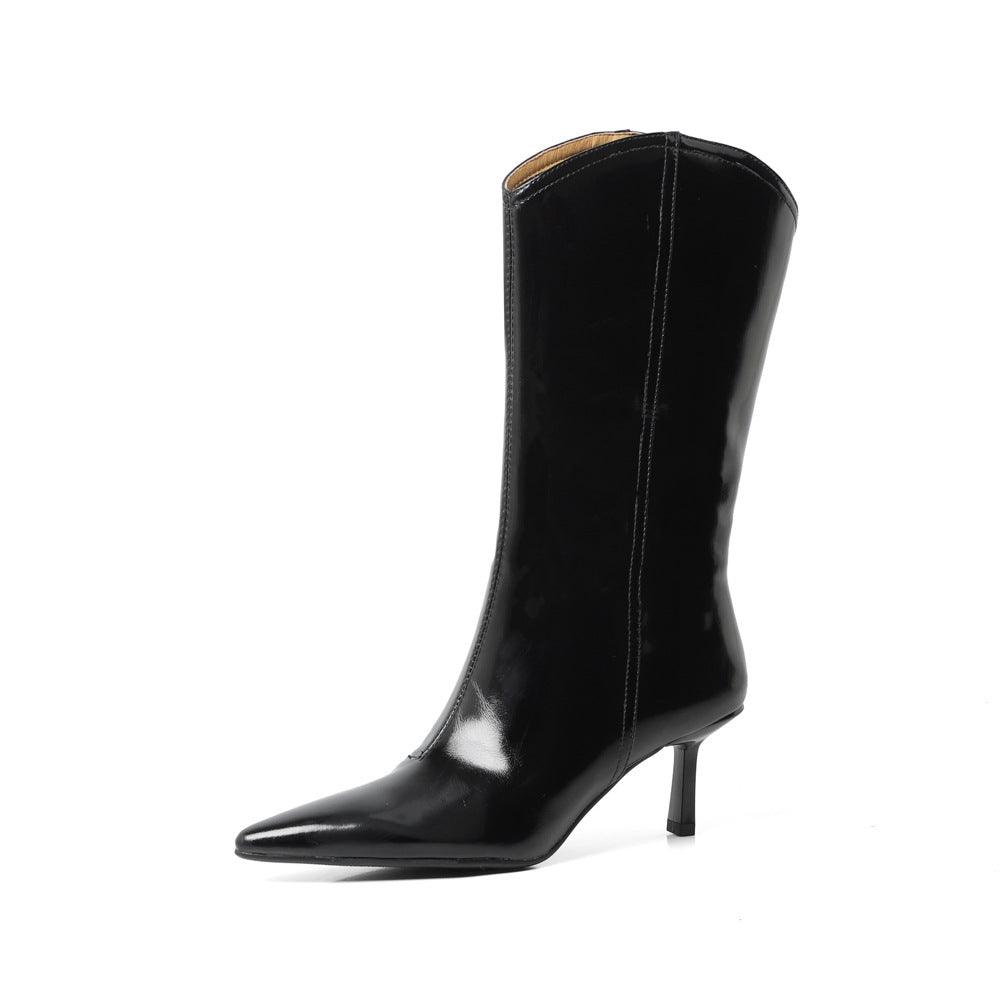 Elegant Stiletto Mid-Calf Boots in polished black patent leather with a sleek design and genuine cowhide material