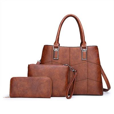 Luxury 3 Piece Leather Tote Set | Genuine Leather Cowgirl Shoulder Bag & Clutch in brown with silver-plated finish