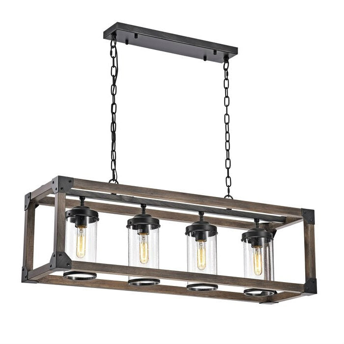 4 Light Adjustable Dimmable Rectangle Chandelier with Wrought Iron Accents, featuring brown and antique black metal with clear glass shades.