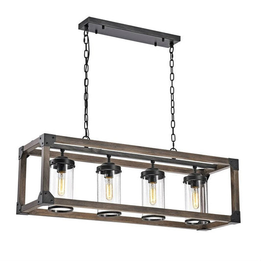 4 Light Adjustable Dimmable Rectangle Chandelier with Wrought Iron Accents, featuring brown and antique black metal with clear glass shades.