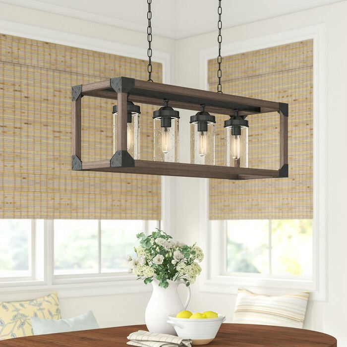 4 Light Adjustable Dimmable Rectangle Chandelier with Wrought Iron Accents above dining table