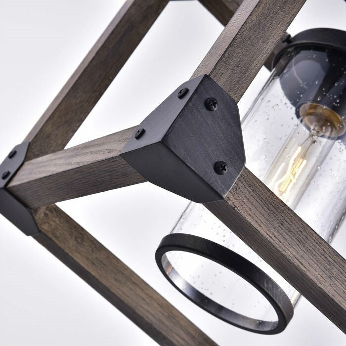 Close-up of 4 Light Adjustable Dimmable Rectangle Chandelier with Wrought Iron Accents in brown and antique black finish
