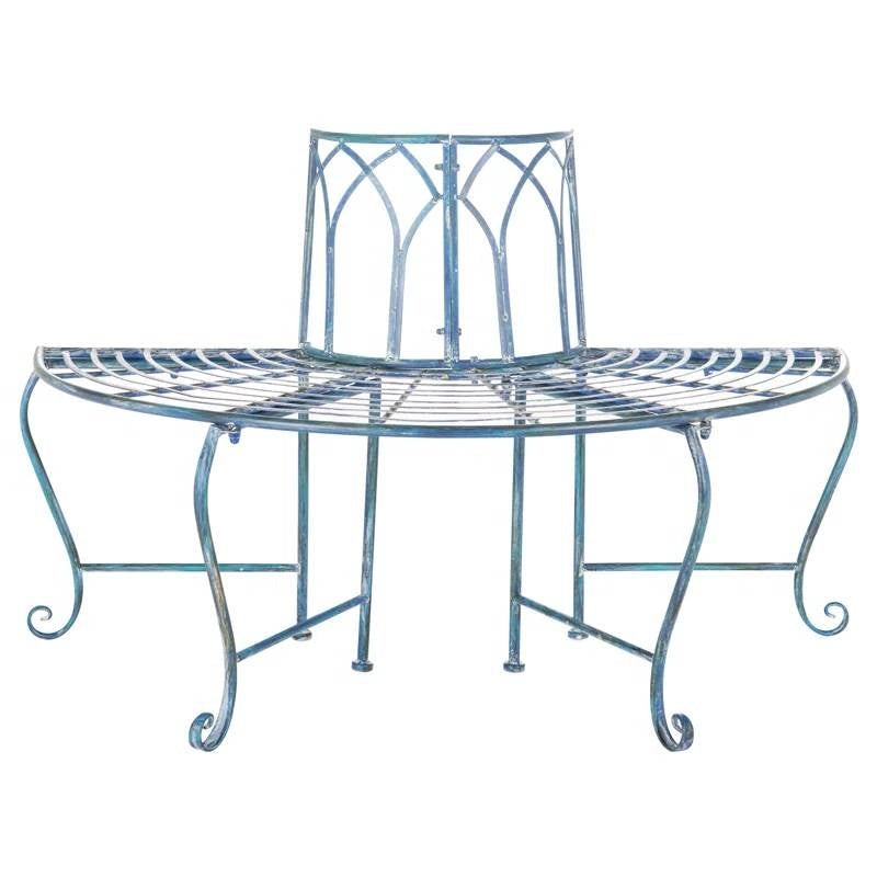 Half-Circle Outdoor Patio Garden Antique Blue Wrought Iron Tree Bench with decorative scrollwork.