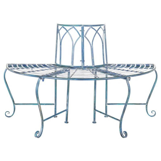 Half-Circle Outdoor Patio Garden Antique Blue Wrought Iron Tree Bench with decorative scrollwork.