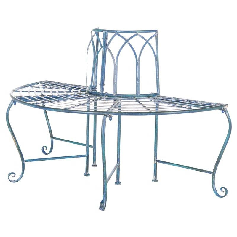 Half-Circle Outdoor Patio Garden Antique Blue Wrought Iron Tree Bench with decorative scrollwork for garden seating