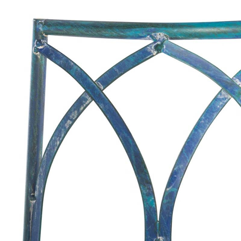 Detail of Half-Circle Outdoor Patio Garden Antique Blue Wrought Iron Tree Bench scrollwork