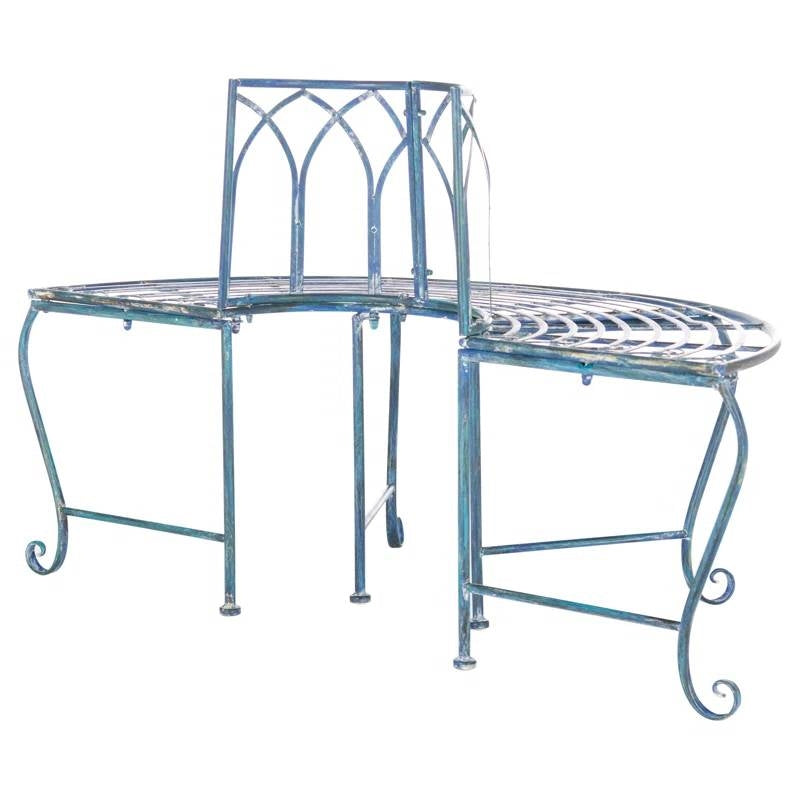 Half-Circle Outdoor Patio Garden Antique Blue Wrought Iron Tree Bench with scrollwork design and antique white finish.