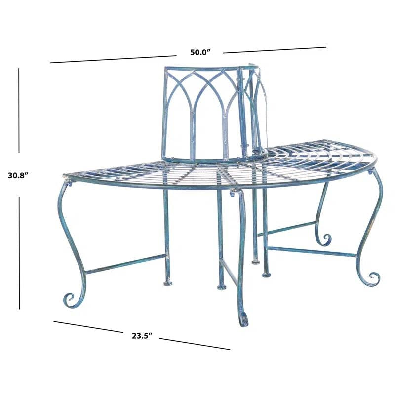 Half-Circle Outdoor Patio Garden Antique Blue Wrought Iron Tree Bench with dimensions