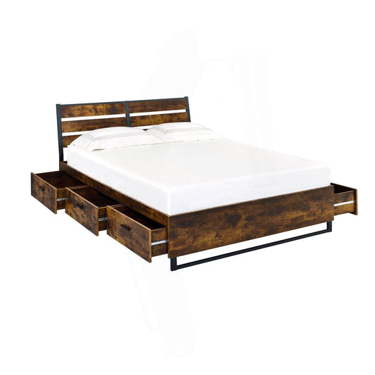 King Size Industrial Slatted Headboard Platform Bed Frame with 6 Storage Drawers in Rustic Oak and Black Finish